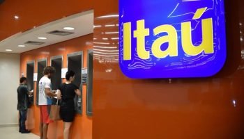 Imagem colorida mostra agência do Itaú e clientes em caixa eletrônico — Foto: 1