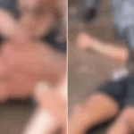 No início do vídeo, é possível ver o homem com as mãos para trás, encostado cont