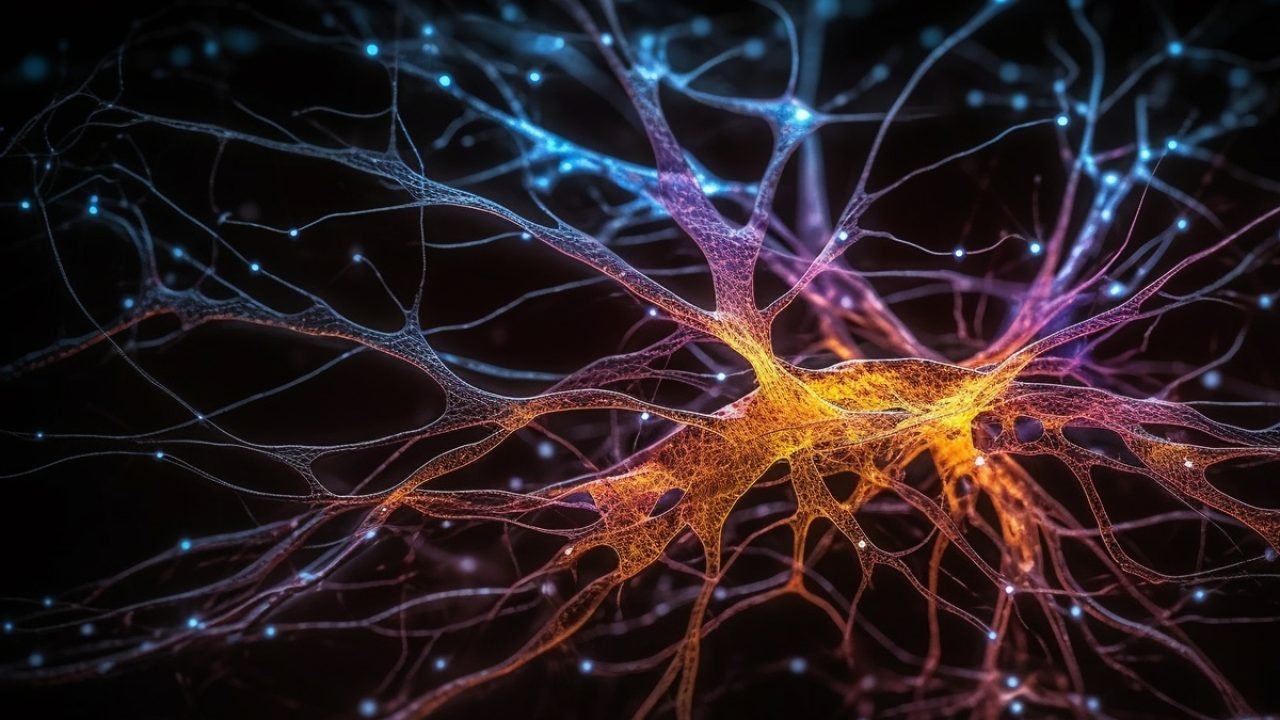 Foto: 1 de 1 Ilustração colorida feita com IA de neurônios cerebrais - Cientista