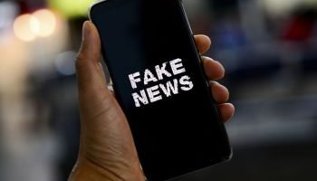 Pessoa segura celular com uma tela escrito "fake news" — Foto: 1 de 1 Pessoa seg