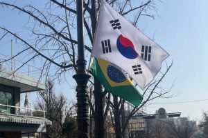 Bandeiras da Coreia do Sul e do Brasil em Seul — Foto: Na imagem, bandeiras da C