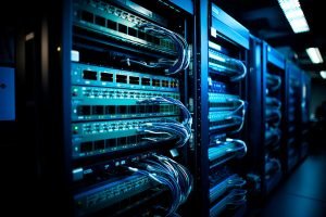 A shot of the network backbone in a server farm, with neatly org