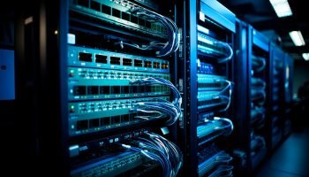 A shot of the network backbone in a server farm, with neatly org