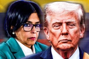 Foto: 1 de 1 Imagem colorida mostra ilustração com Donald Trump, Delcy Rodríguez