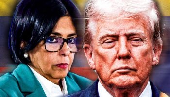 Foto: 1 de 1 Imagem colorida mostra ilustração com Donald Trump, Delcy Rodríguez