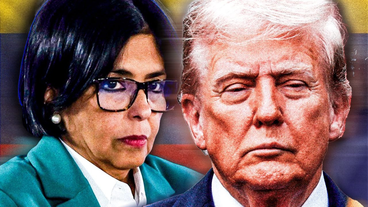 Foto: 1 de 1 Imagem colorida mostra ilustração com Donald Trump, Delcy Rodríguez