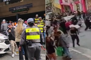 Foto: 1 de 1 Imagem colorida mostra movimentação após tiros no metrô. Metrópoles