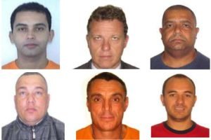 Mosaico com rostos de seis homens, cinco deles condenados por organização crimin