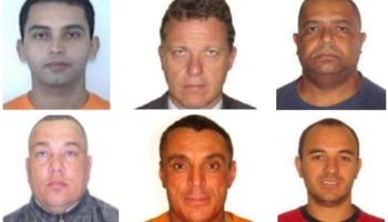 Mosaico com rostos de seis homens, cinco deles condenados por organização crimin