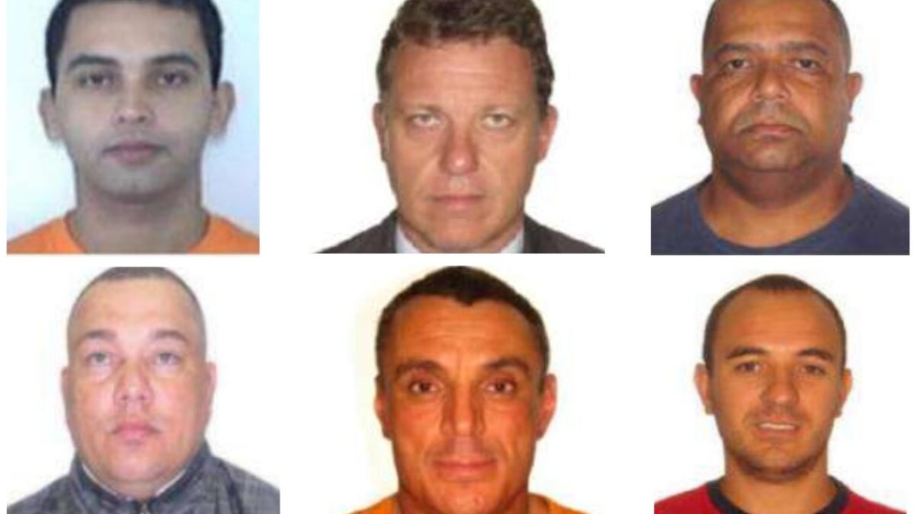 Mosaico com rostos de seis homens, cinco deles condenados por organização crimin